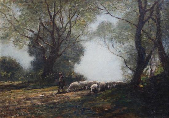 Robert Weir Allen (1852-1942) Shepherd and flock beneath trees, 14.5 x 20.5in.